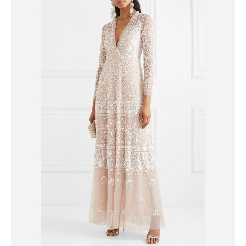 Needle & Thread Aurora V-Neck Gown Champagne Pink Sequin‎ Maxi Dress US 4
